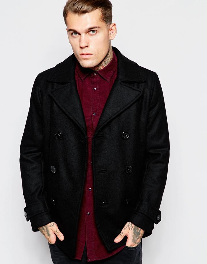 Diesel Wool Peacoat W-sami Double Breasted - Black