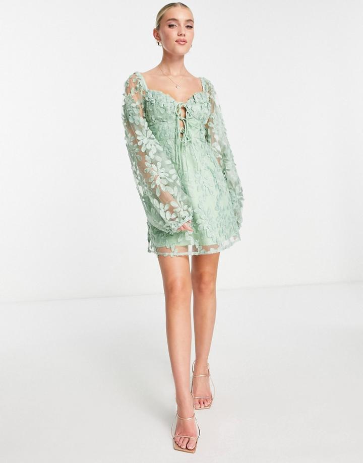 Love Triangle Puff Sleeve Skater Dress In Green Leaf Lace