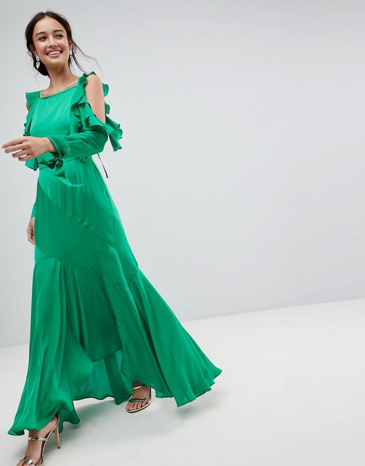 Asos Ruffle Sleeve Maxi Dress With Cold Shoulder-green