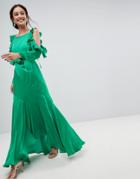 Asos Ruffle Sleeve Maxi Dress With Cold Shoulder-green