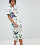 Asos Design Petite Wiggle Midi Dress In Floral Print - Multi