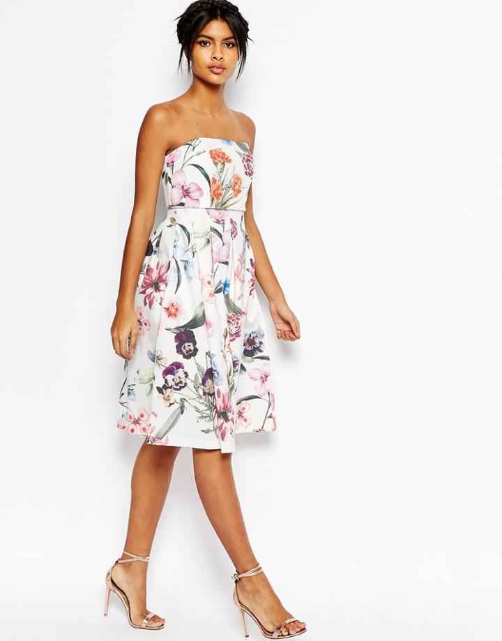 Asos Bandeau Crop Top Midi Prom Dress In Large Bouquet Floral - Multi