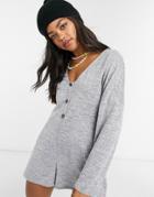 Asos Design Lounge Jersey Button Smock Long Sleeve Romper In Gray-grey