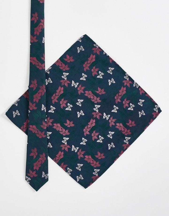Asos Design Slim Tie And Pocket Square In Dark Green Floral-multi