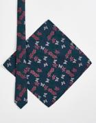 Asos Design Slim Tie And Pocket Square In Dark Green Floral-multi