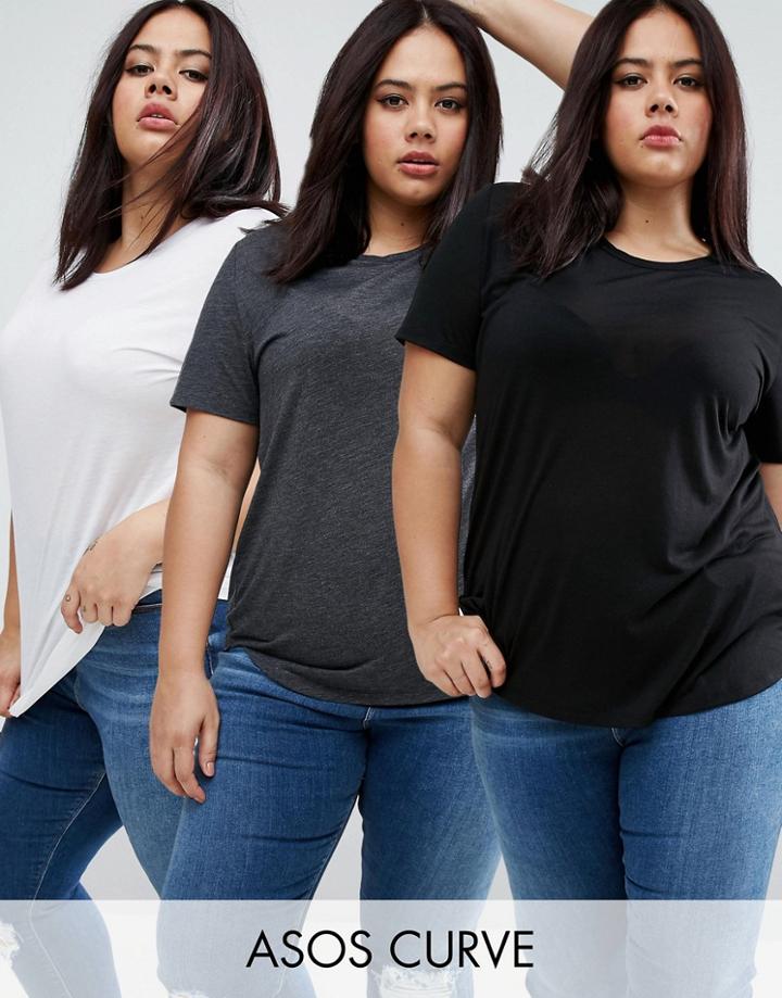 Asos Curve The Ultimate T-shirt With Curved Hem 3 Pack - Multi