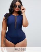 Unique21 Hero Capped Sleeve Swimsuit With Mesh Detail - Navy