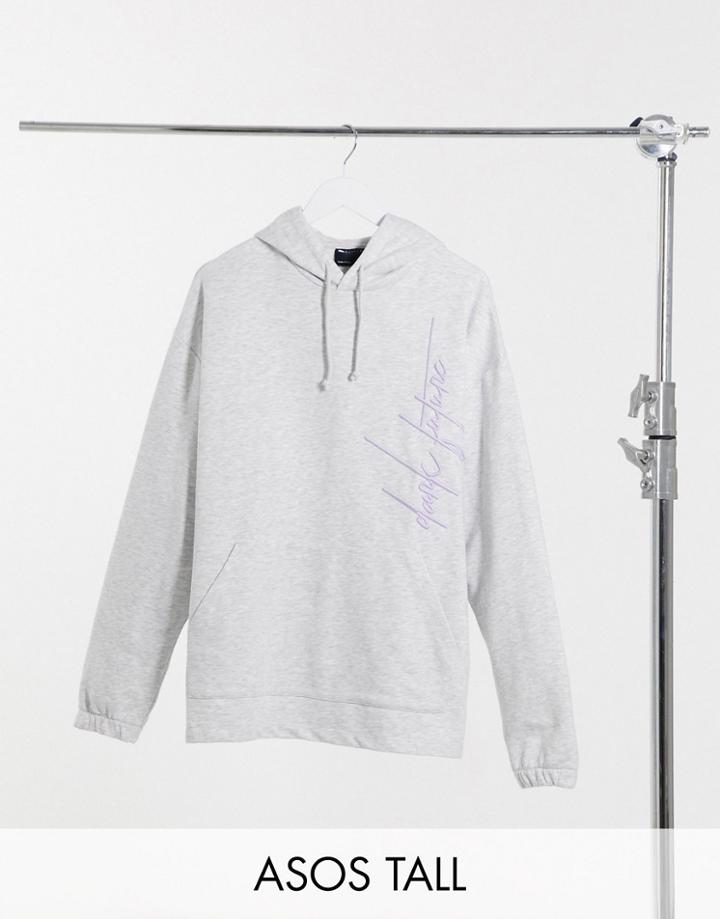 Asos Dark Future Tall Oversized Hoodie In White Marl With Lilac Embroidery