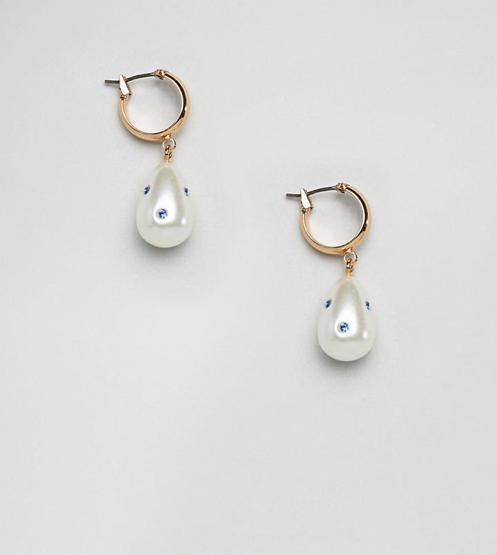 Designb London Crystal Pearl Drop Mini Hoop Earrings - Gold