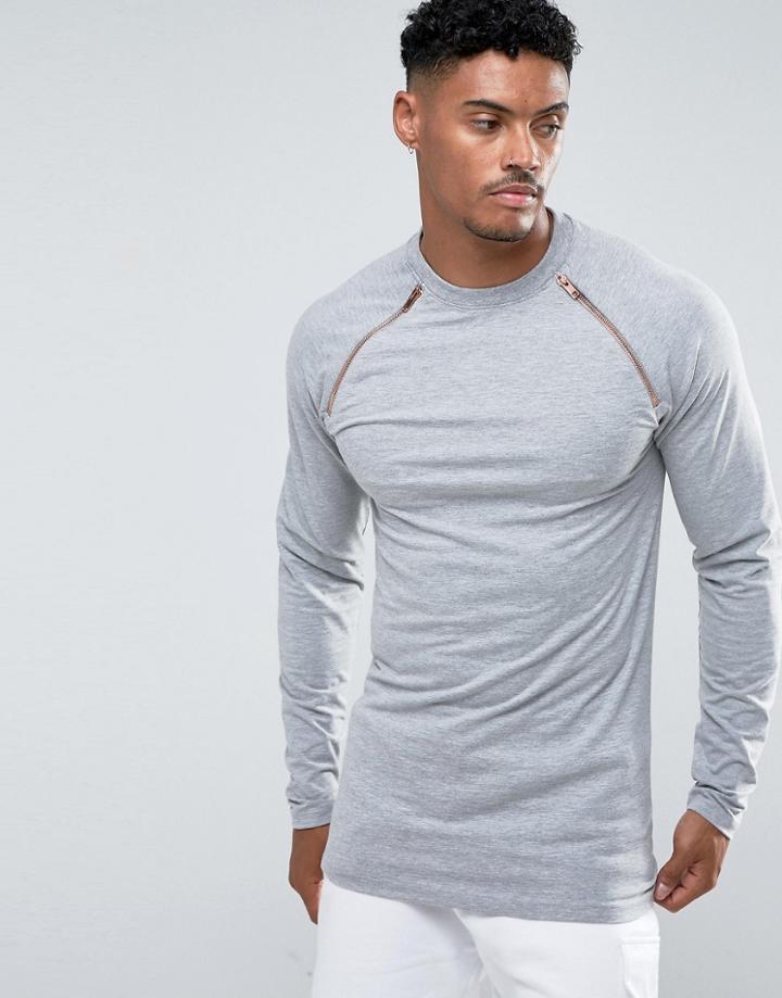 Asos Muscle Long Sleeve T-shirt With Rose Gold Zips In Black - Gray