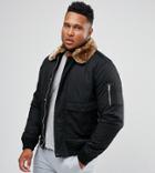 Schott Plus Air Bomber Jacket Detachable Faux Fur Collar Slim Fit In Black/beige