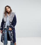 Dolly & Delicious Premium Embroidered Wrap Front Coat With Fluffy Trim Detail - Navy