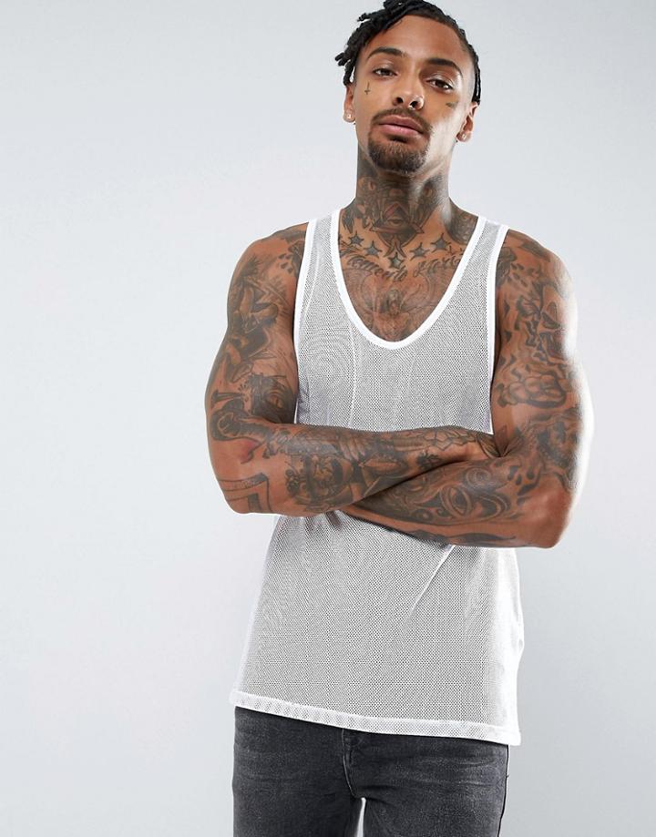 Asos Extreme Racer Back Tank In Mesh With Binding In White - White