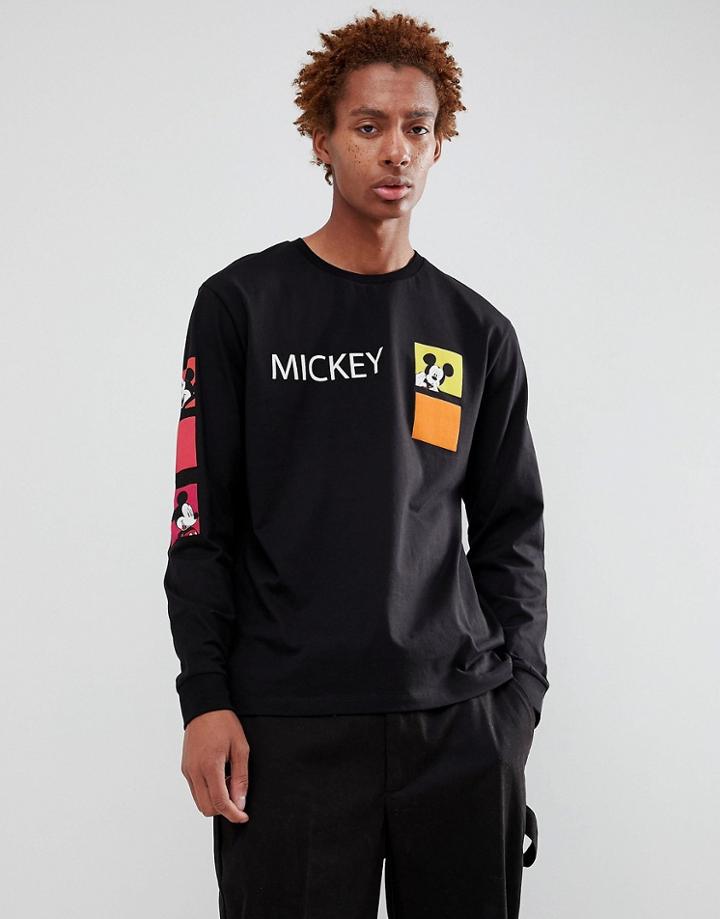 Asos Design Micky Relaxed Long Sleeve T-shirt With Fun Tile Sleeve Print - Black