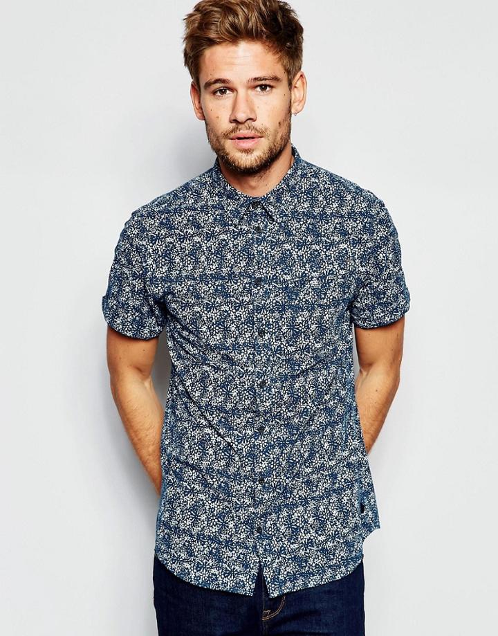 Blend Shirt Slim Fit Short Sleeve Floral Print In Blue - Ensign Blue