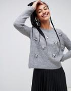 Mango Embellished Wool Blend Sweater In Gray - Gray