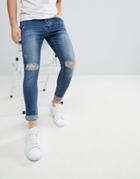 Kings Will Dream Muscle Fit Jeans With Distressing In Mid Wash - Blue