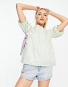 Influence Button Front Puff Sleeve Blouse In Sage Green