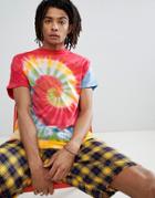 Asos Design Festival Oversized Longline T-shirt With Roll Sleeve In Bright Spiral Tie Dye - Multi