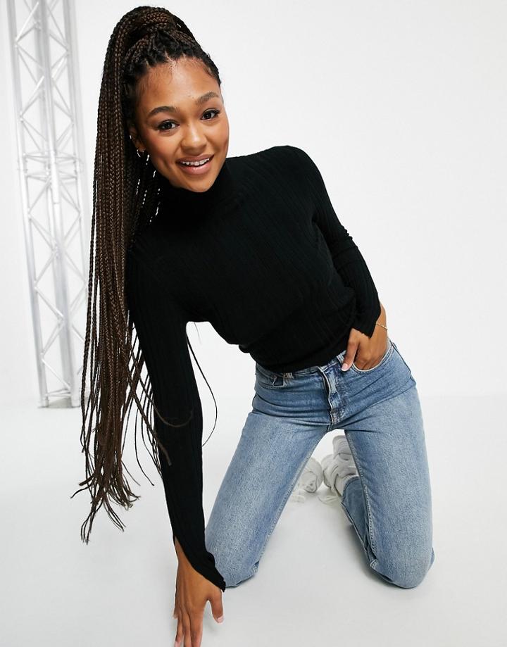 Miss Selfridge Irregular Rib Knit Roll Neck Split Sleeve Sweater In Black