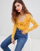 Asos Design Long Sleeve Top With Tie Front Detail In Ditsy Floral Print - Multi