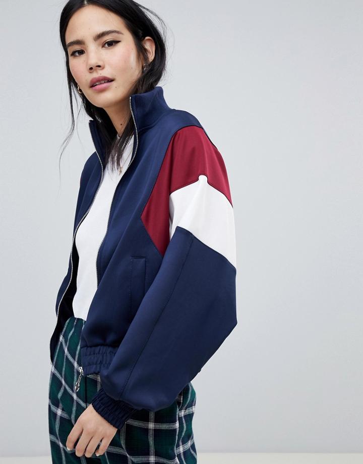 Bershka Color Block Bomber Jacket - Navy