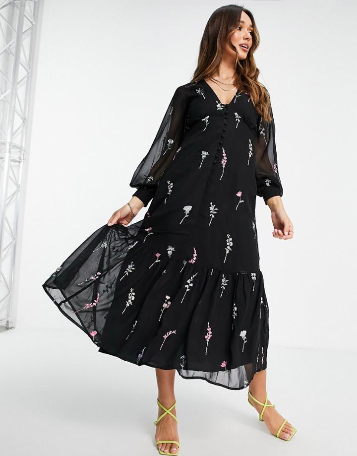 Asos Design Button Through Embroidered Maxi Tea Dress In Black