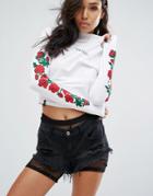 Wasted Paris Oversized Skate Long Sleeve High Neck Top With Roses - White