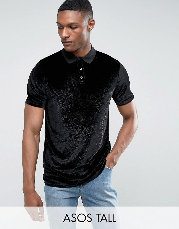 Asos Tall Longline Polo In Embossed Floral Velvet - Black