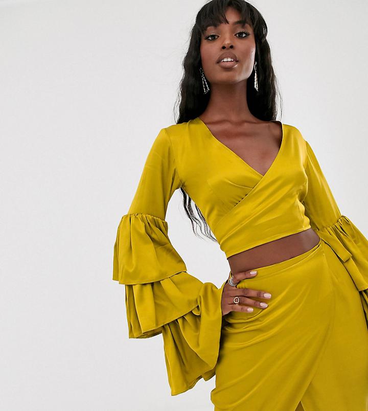 Ttya Satin Ruffle Sleeve Plunge Front Crop Top - Yellow