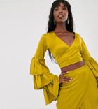 Ttya Satin Ruffle Sleeve Plunge Front Crop Top - Yellow