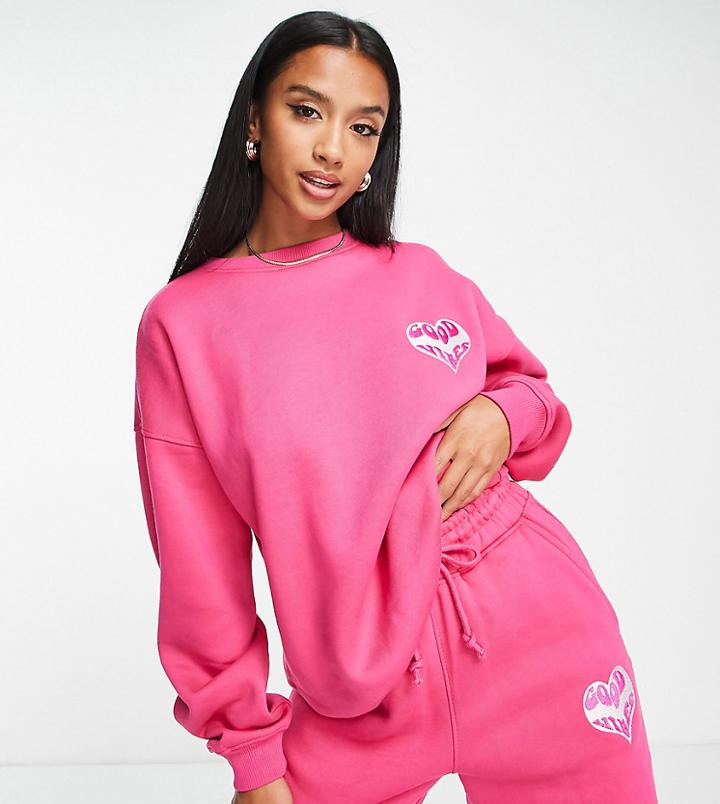 Missguided Petite Good Vibes Sweatshirt In Bright Pink - Part Of A Set