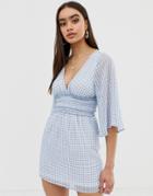 Fashion Union Plunge Front Dress In Gingham - Blue