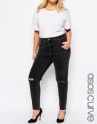 Asos Curve Farleigh High Waist Mom Jeans In Washed Black With Busted Knee - Washed Black