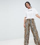 Asos Design Petite Leopard Print Woven Cropped Wide Leg Pants With Jersey Tee - Multi