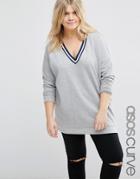 Asos Curve Sweatshirt With Stripe Tipping In Longline - Gray Marl