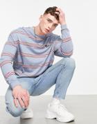 Asos Design Oversized Long Sleeve Stripe T-shirt In Blue With Skull Chest Embroidery-purple