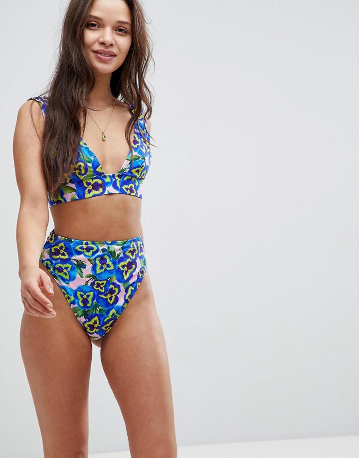 Asos Mix And Match High Leg High Waist Bikini Bottom In Pansy Print - Multi