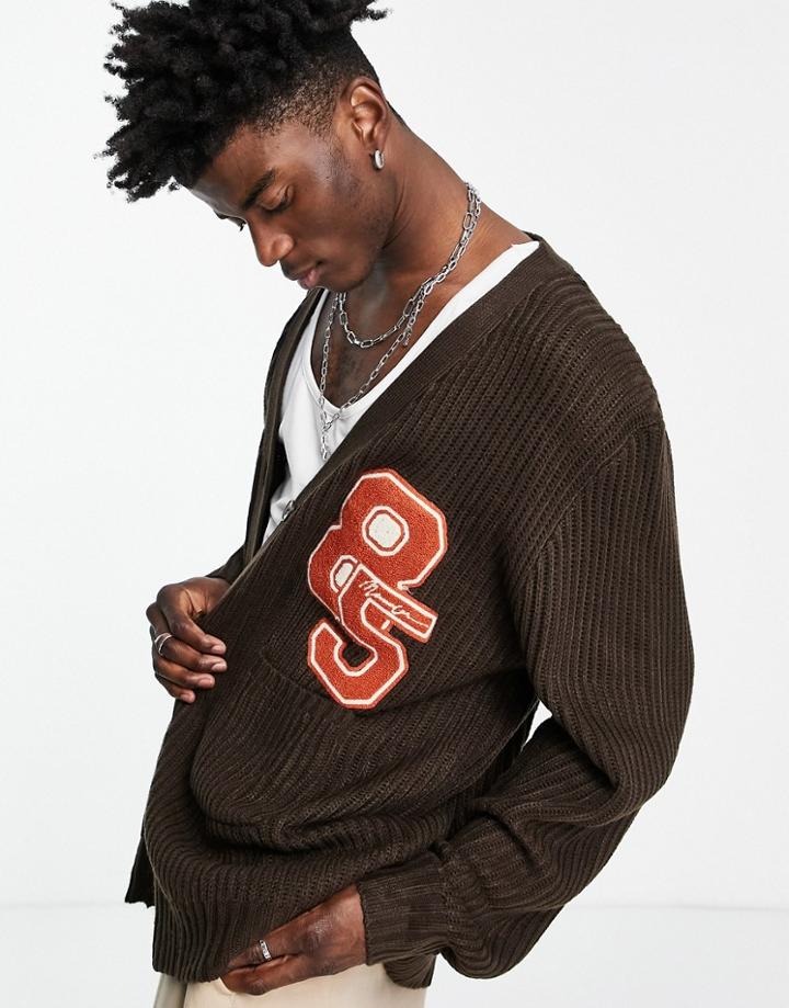 Mennace Varsity Cardigan In Dark Brown And Orange