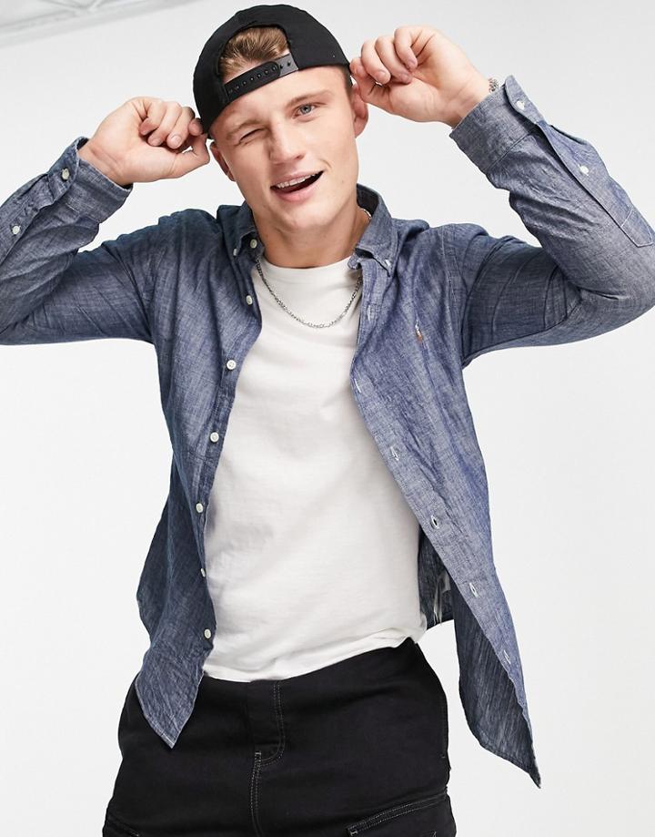 Polo Ralph Lauren Icon Logo Slim Fit Denim Shirt Button Down In Dark Wash Blue-blues