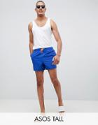 Asos Design Tall Swim Shorts In Electric Blue With Neon Orange Drawcord In Short Length - Blue