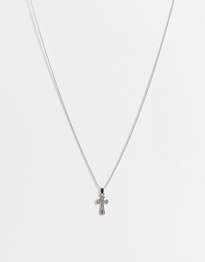 Asos Design Necklace With Crystal Cross Pendant In Silver Tone