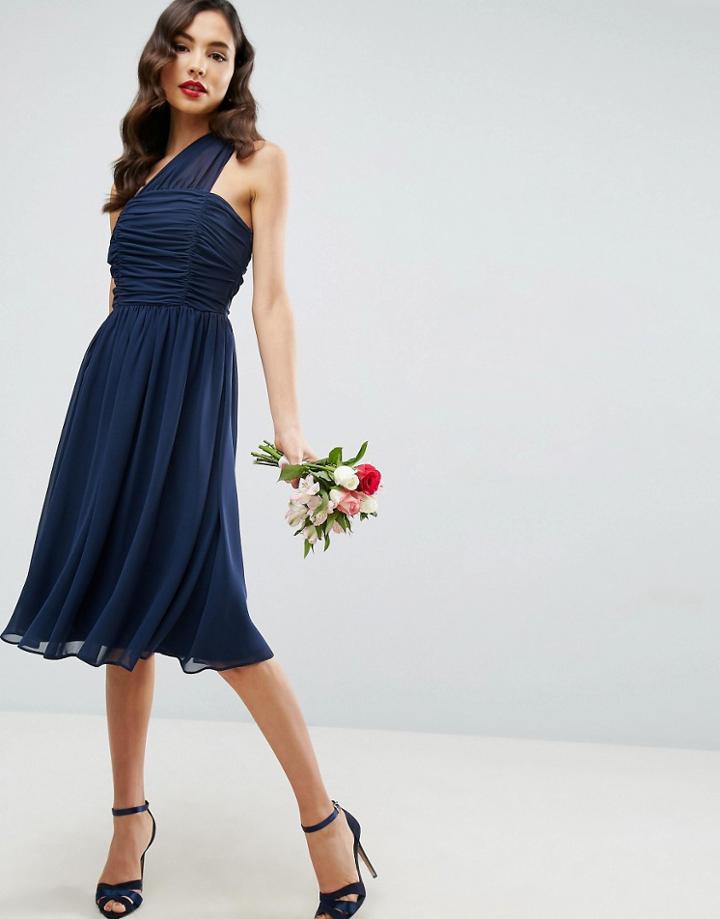 Asos Chiffon Ruched One Shoulder Midi Dress - Navy