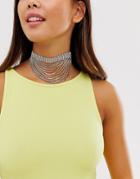 New Look Rhinestone Multi Layer Choker Necklace In Silver-clear