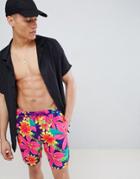 Asos Design Swim Shorts In Purple With Floral Print In Mid Length - Purple
