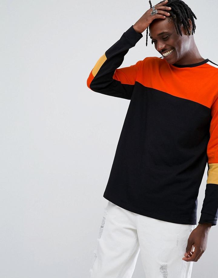 Asos Oversized Long Sleeve T-shirt With Bright Color Blocking And Monochrome Taping - Black
