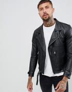 Replay Leather Biker Jacket Zip Detail In Black - Black