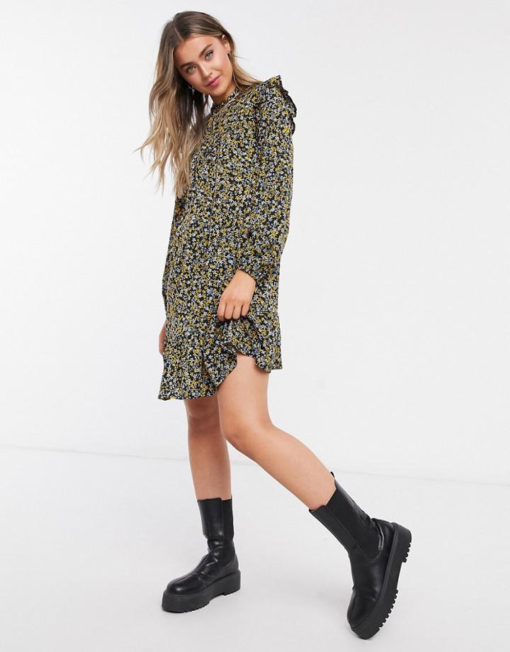 New Look Ruffle Sleeve Smock Dress In Blue Floral-blues