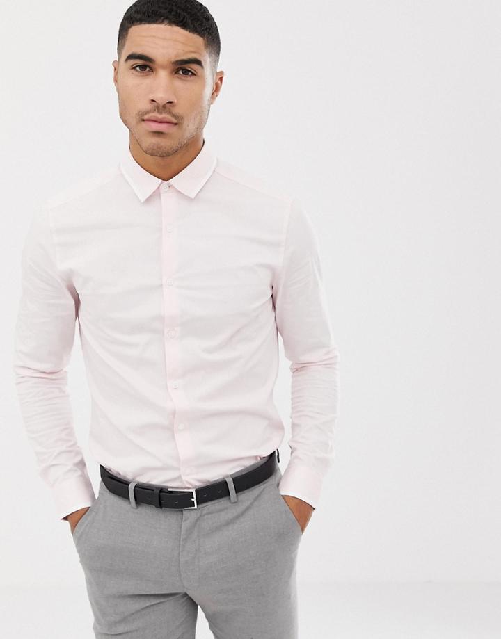 Asos Design Skinny Work Shirt With Contrast White Tipped Collar-pink