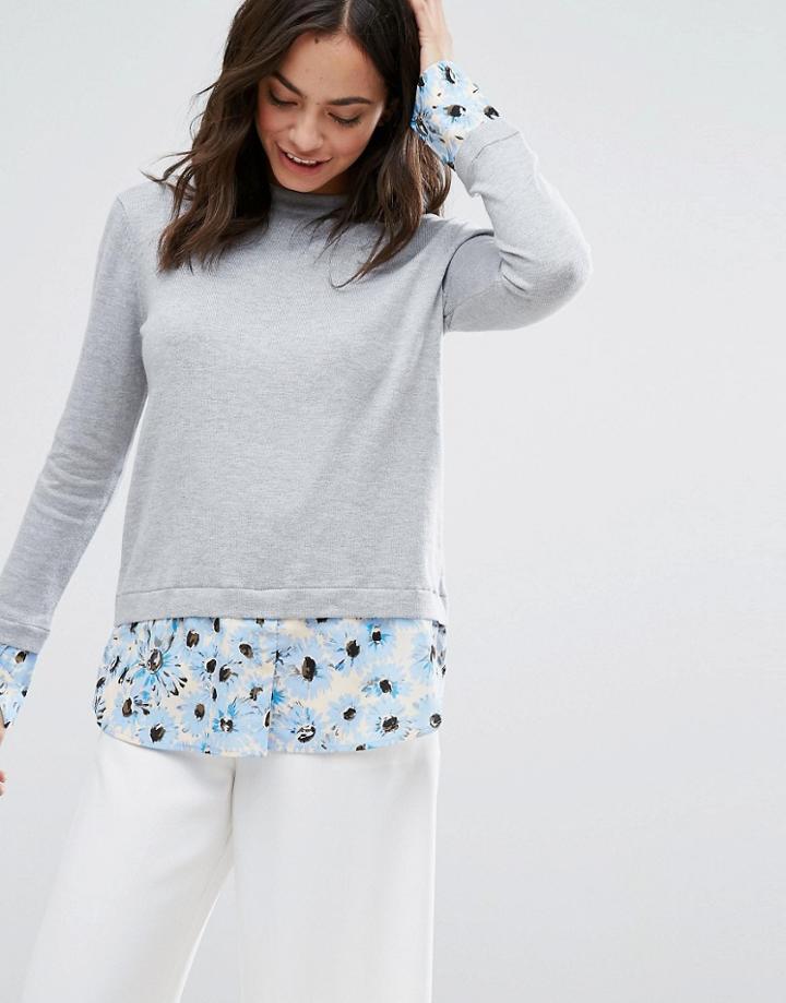 Warehouse Daisy Print Hybrid Sweater - Gray